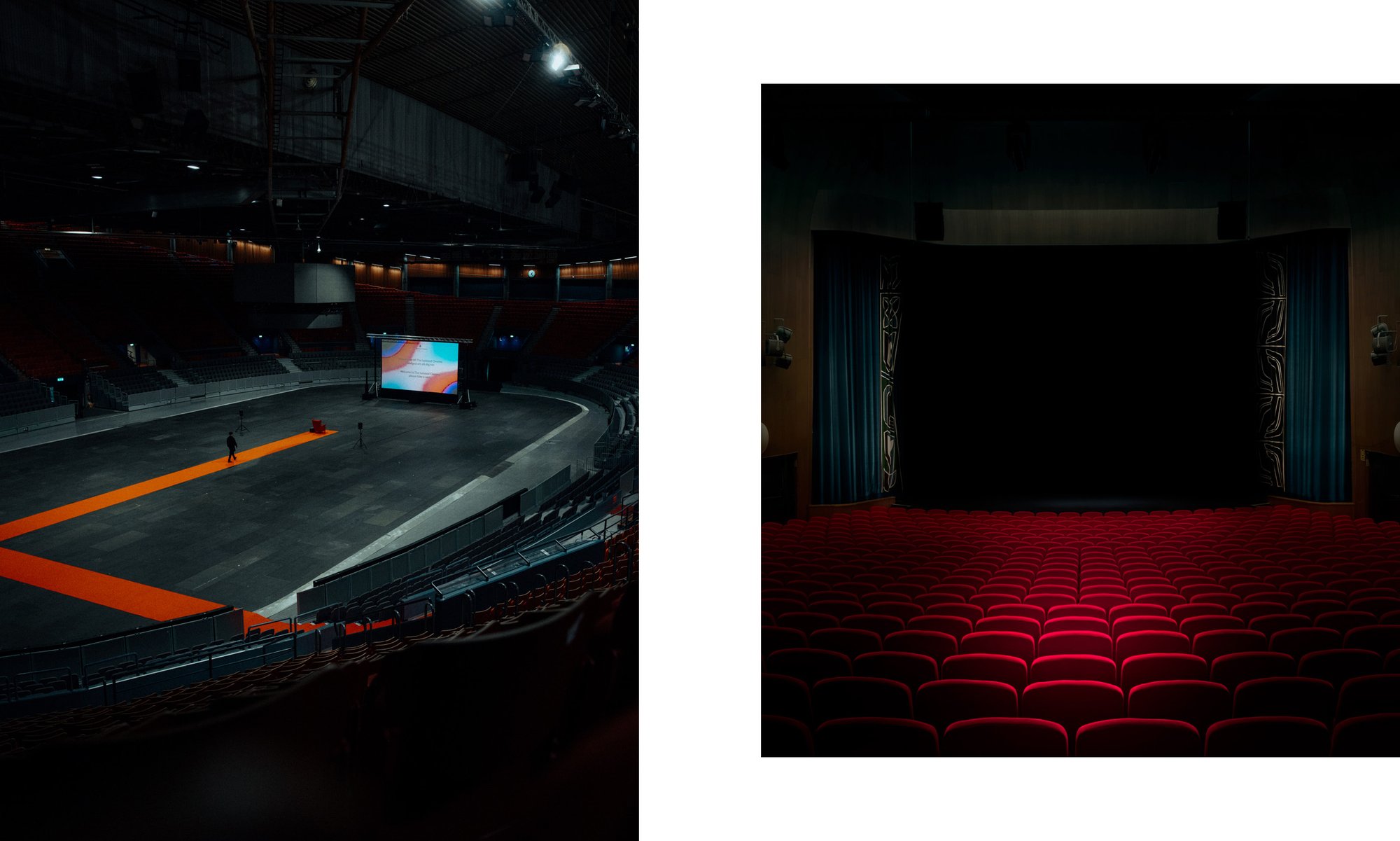 Left: empty arena with a large screen and orange carpet. Right: theater hall with rows of red seats facing a closed curtain.