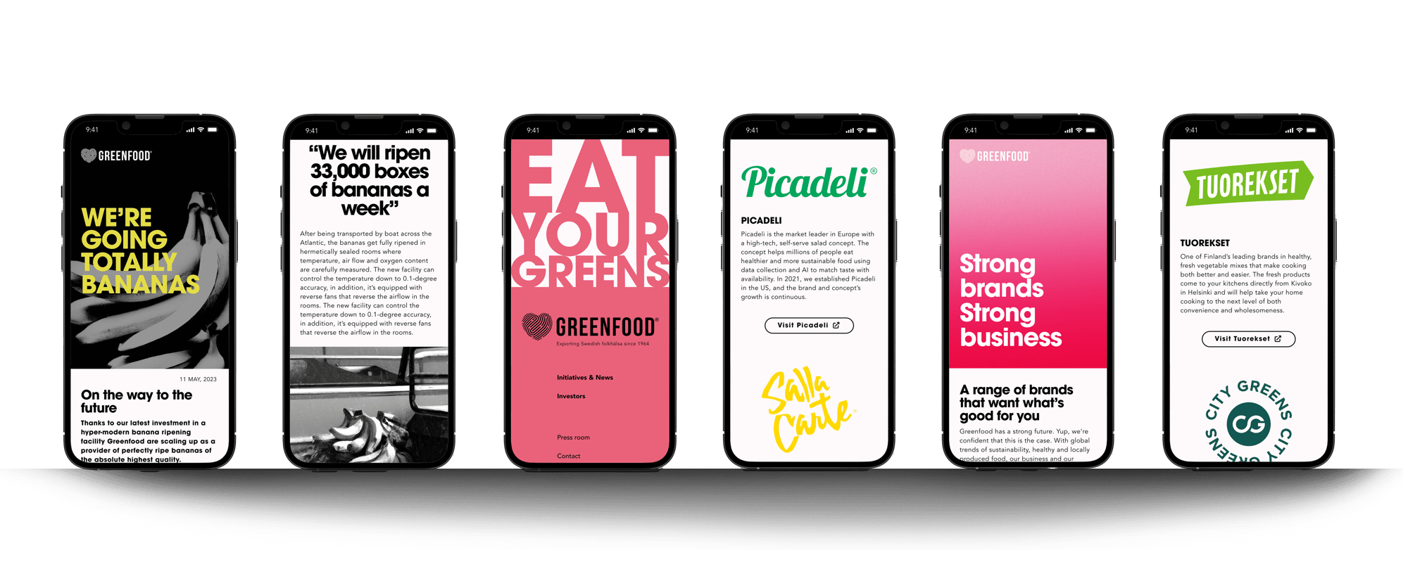 Six iphone mockups showing various parts of a website. 