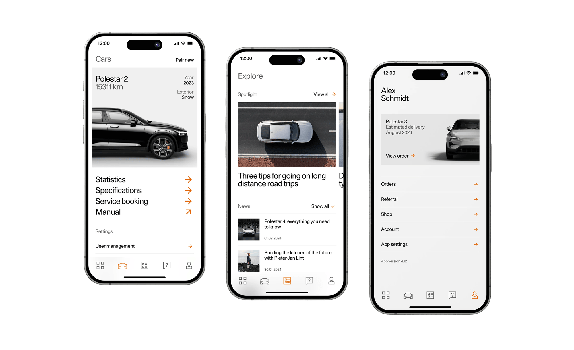 Three smartphones display the Polestar app: car details, travel tips, and user account overview screens.