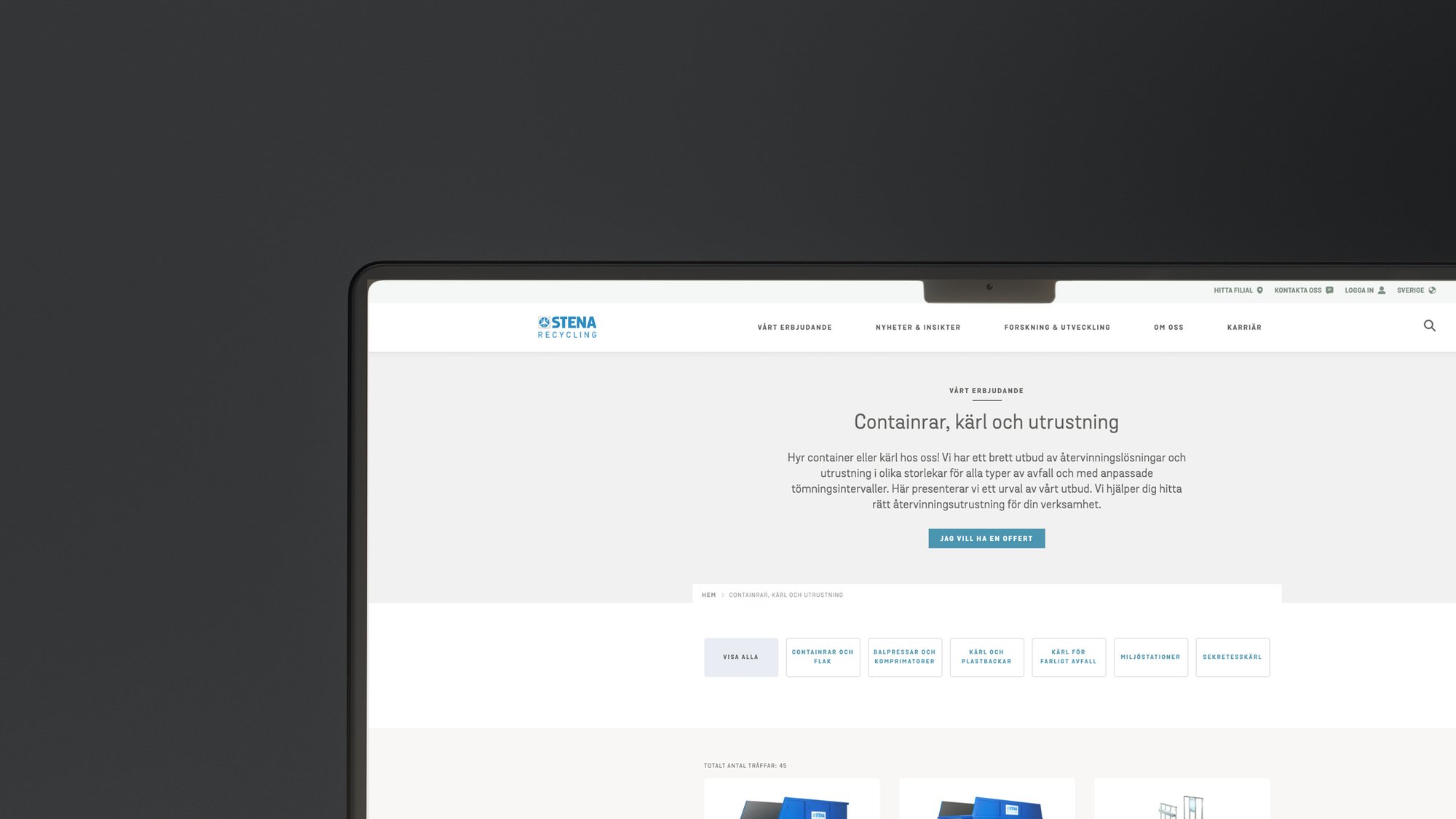 Screenshot of Stena Recycling's web page section about container rental and recycling solutions, with labeled navigation links.