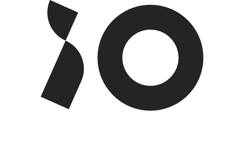 Minimalist black logo design featuring an abstract curved shape on the left and a thick circular ring with white space in the center on the right, creating a stylized "iO" against a white background.