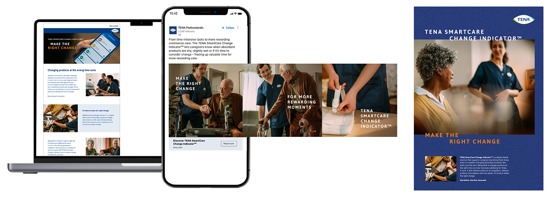 TENA SmartCare marketing materials displayed on laptop, phone and brochure mockup