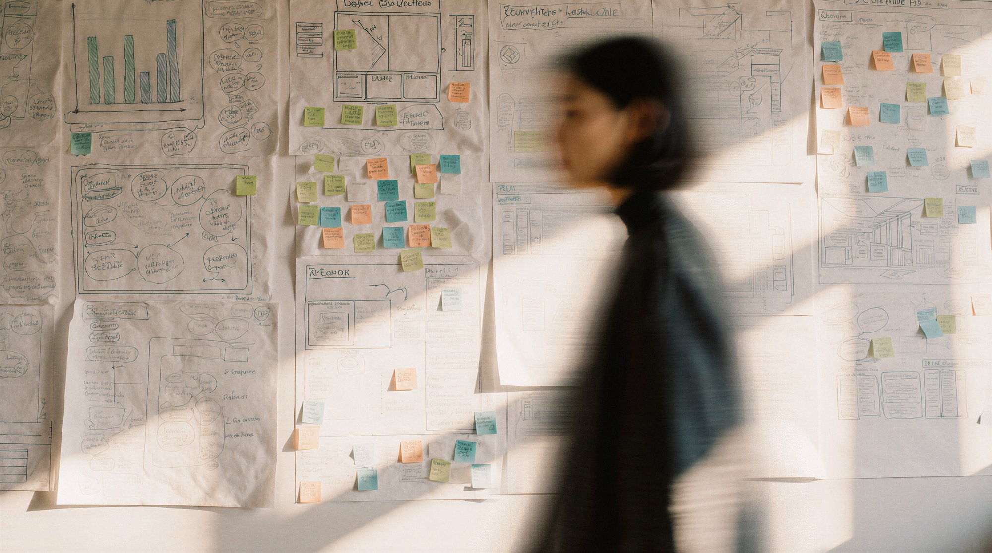 Blurred person walking past wall covered with design sketches, wireframes, and colorful sticky notes