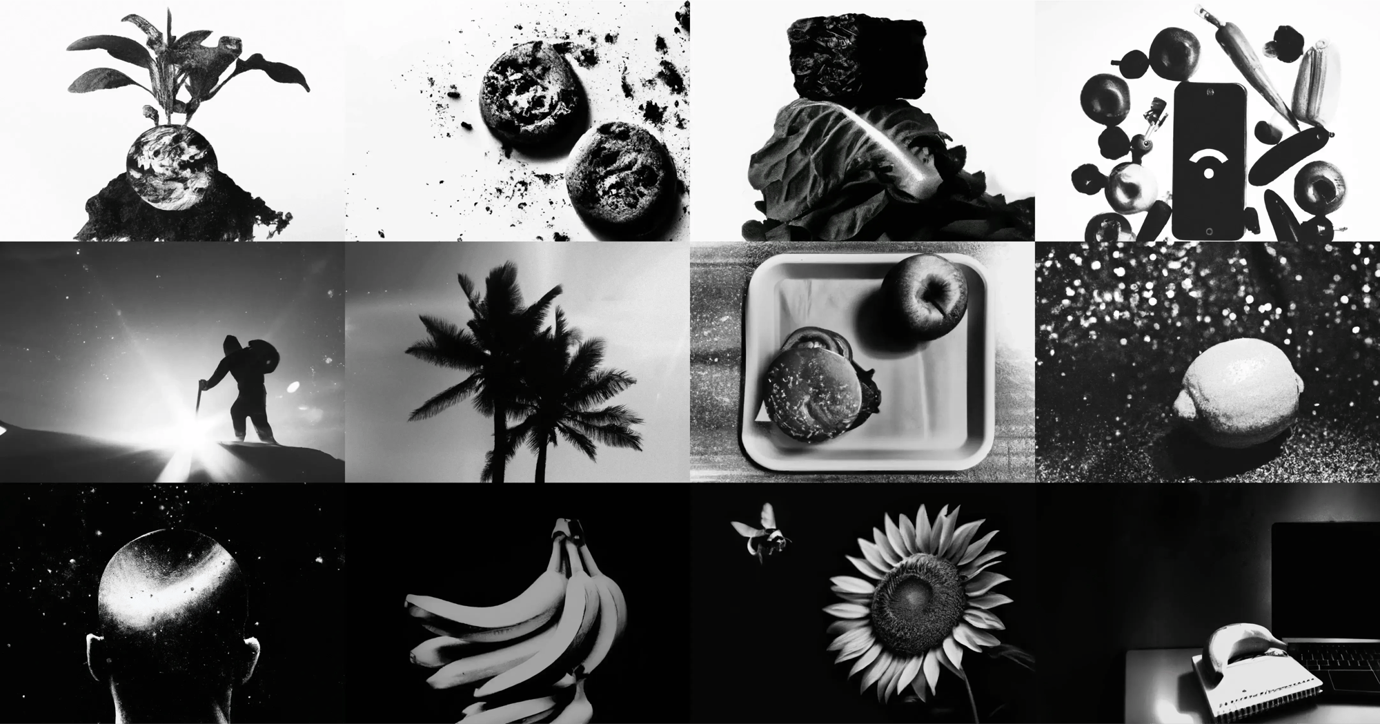 A grid of black and white AI-generated images of food, plants and space. A grid of black and white AI-generated images of food, plants and space.