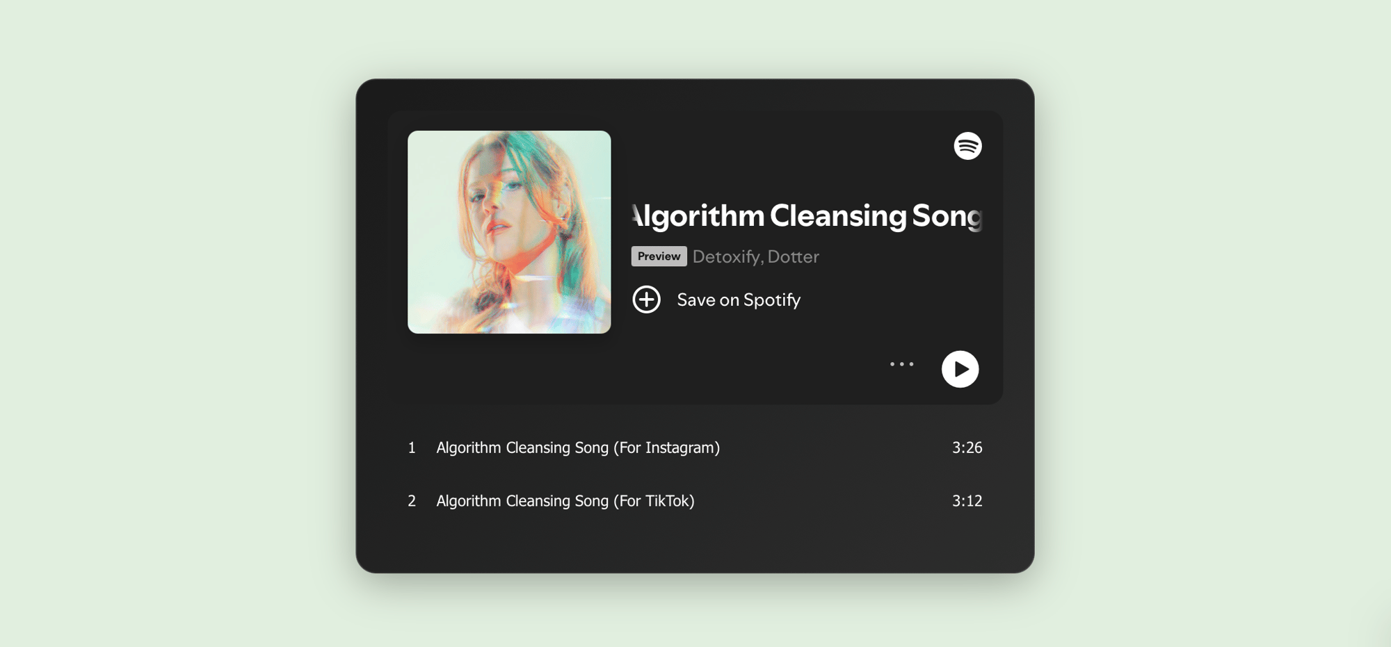 Spotify-style card showing Algorithm Cleansing Song preview playlist interface Spotify-style card showing Algorithm Cleansing Song preview playlist interface