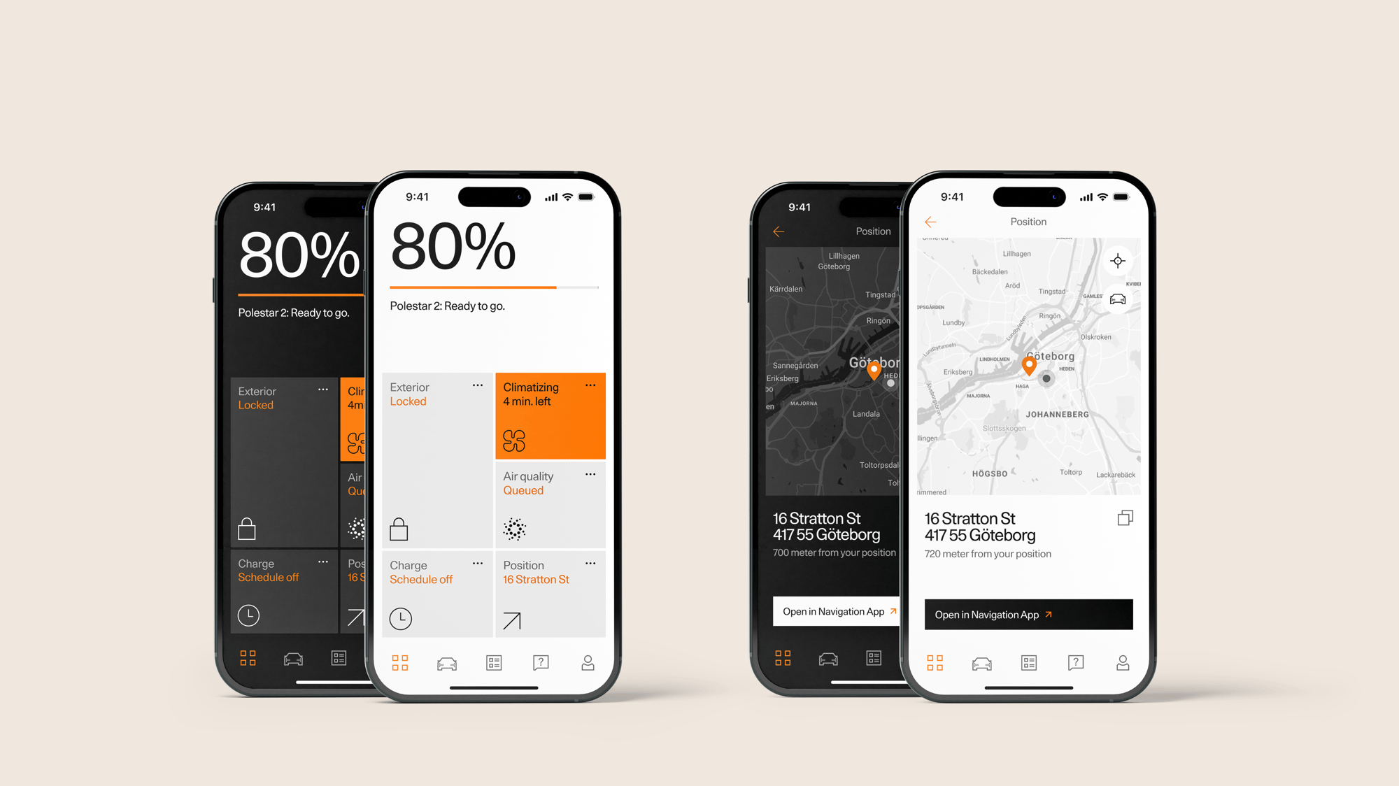 Two smartphones display a car app interface with battery status at 80%, climate control info, and map location in Göteborg.