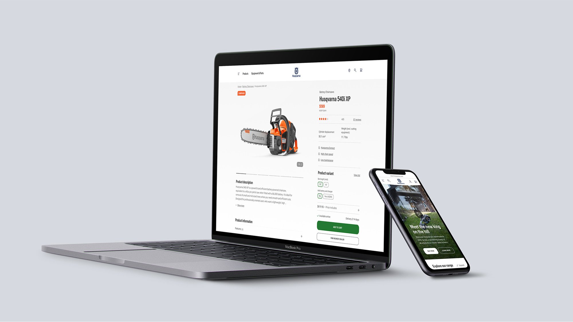 Husqvarna Next Web pages displayed on laptop and mobile device