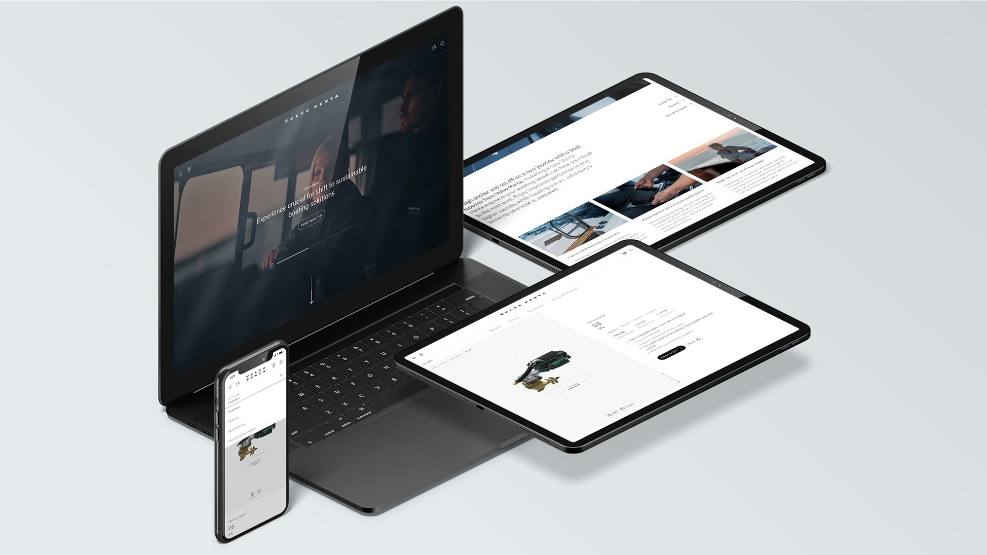 Volvo Penta webpages displayed on laptop, tablets and a mobile device