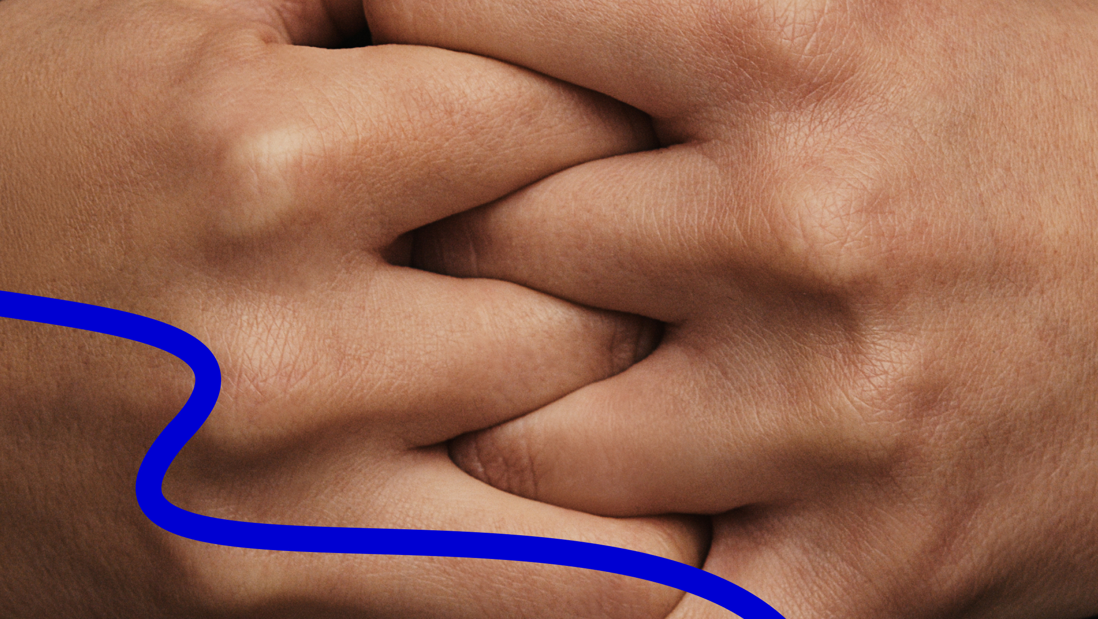 Tangled hands with blue curved line overlay, showing care and connection.