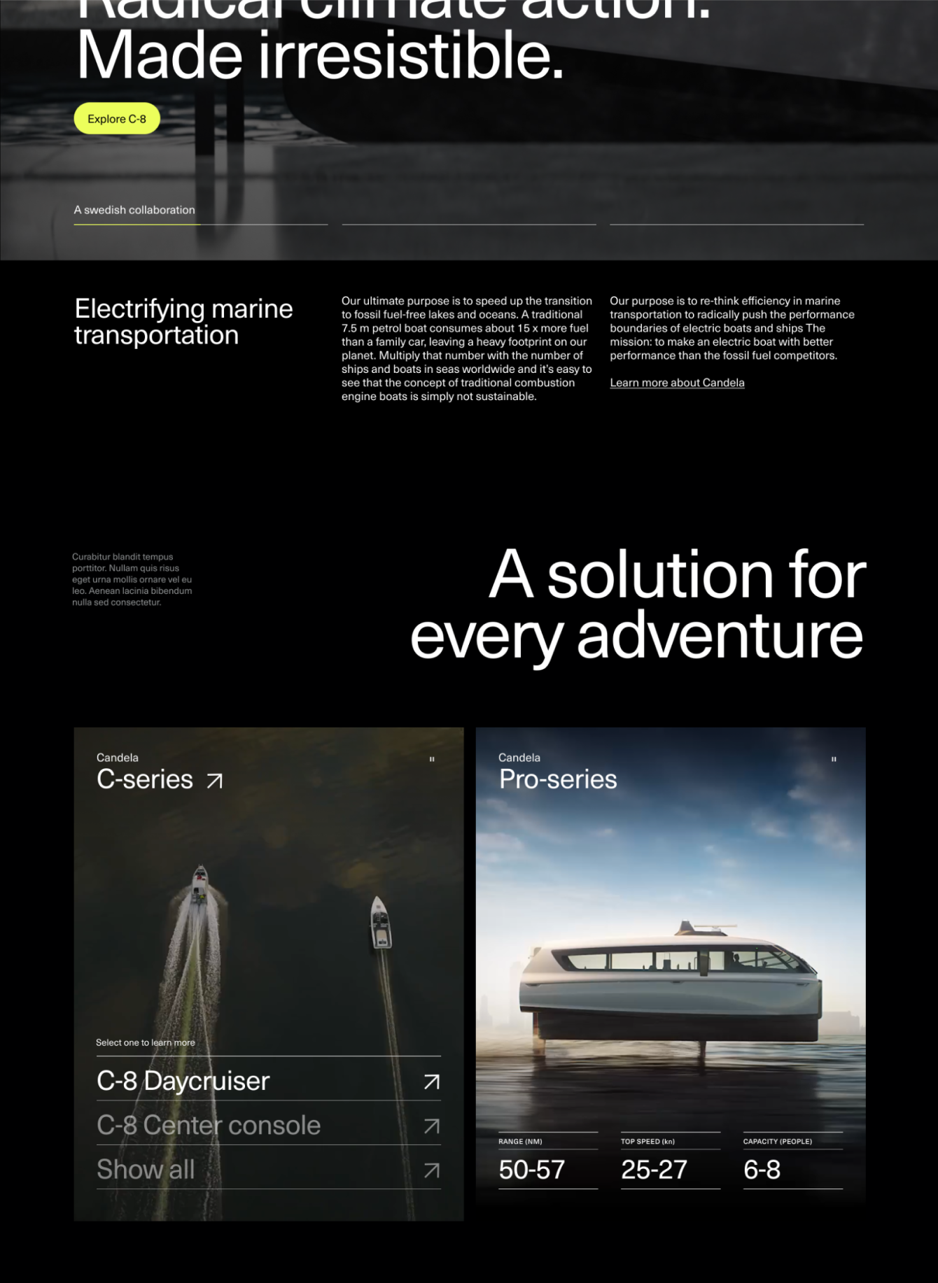 Website promoting Candela electric boats. Highlights climate action, marine transportation, and C-series and Pro-series models.