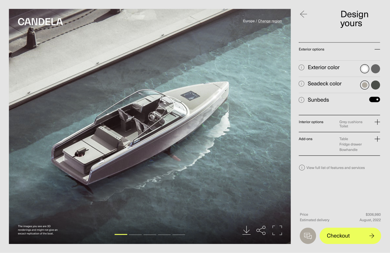 A sleek gray motorboat on water alongside a customization menu. Options include exterior, seadeck color, sunbeds, and interior add-ons.