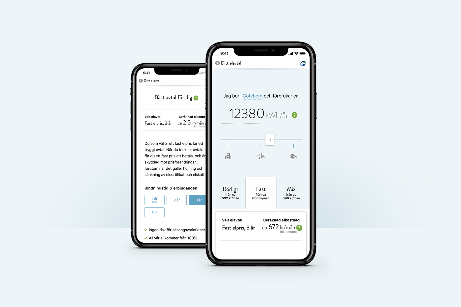 Two smartphones displaying an electricity consumption app with options to choose a fixed price plan and estimated monthly costs.