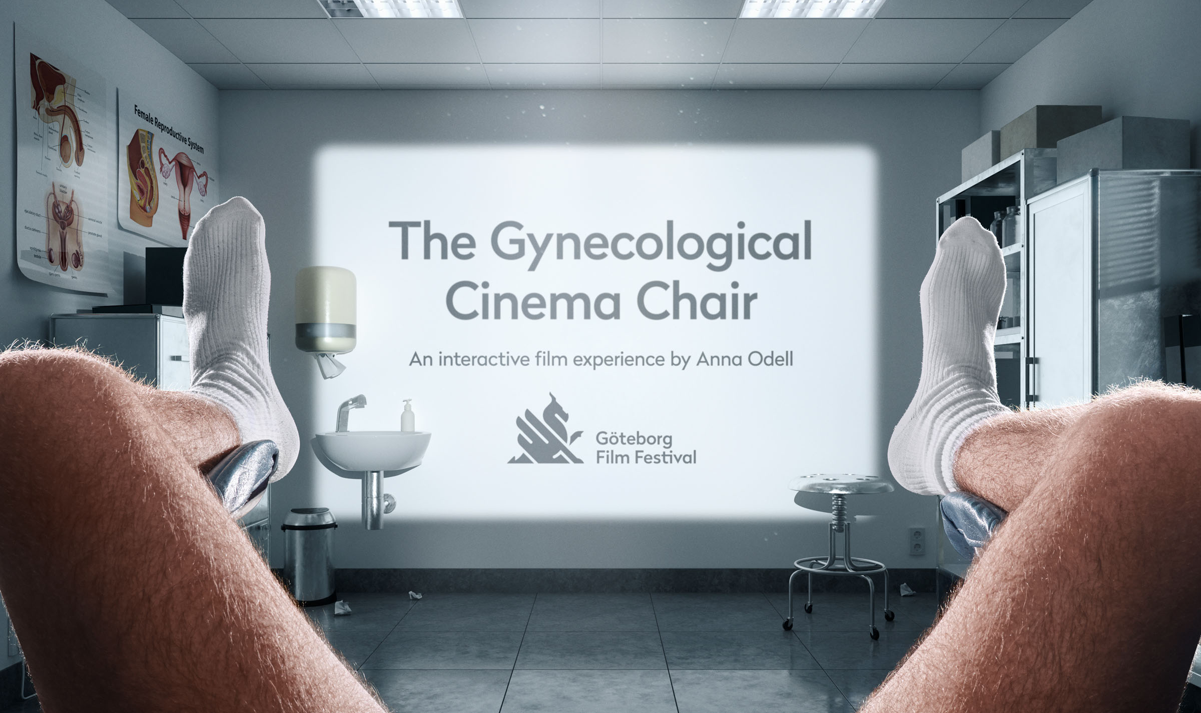 Person's sock-clad legs in stirrups in clinic, promotional text for 'The Gynecological Cinema Chair' by Anna Odell projected.