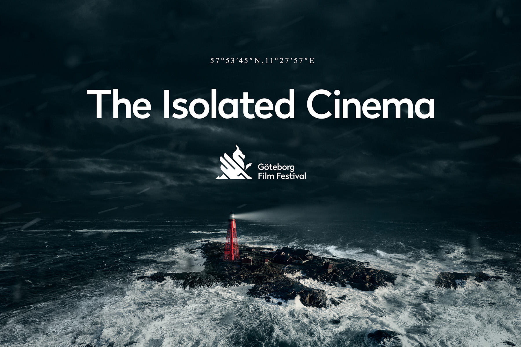 Dark ocean scene with waves crashing against a rocky lighthouse, under 'The Isolated Cinema' text. Göteborg Film Festival branding.