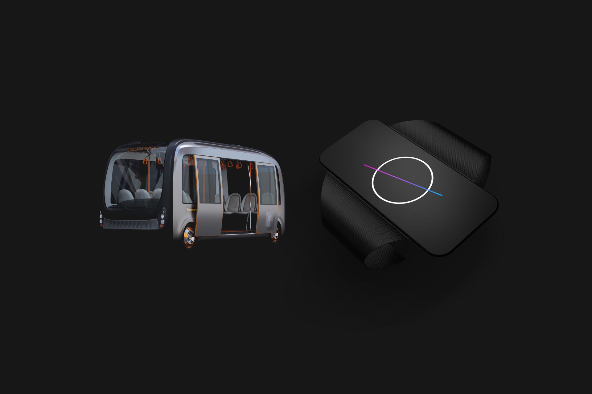 Futuristic autonomous shuttle next to a sleek, black control panel with a circular graphic.