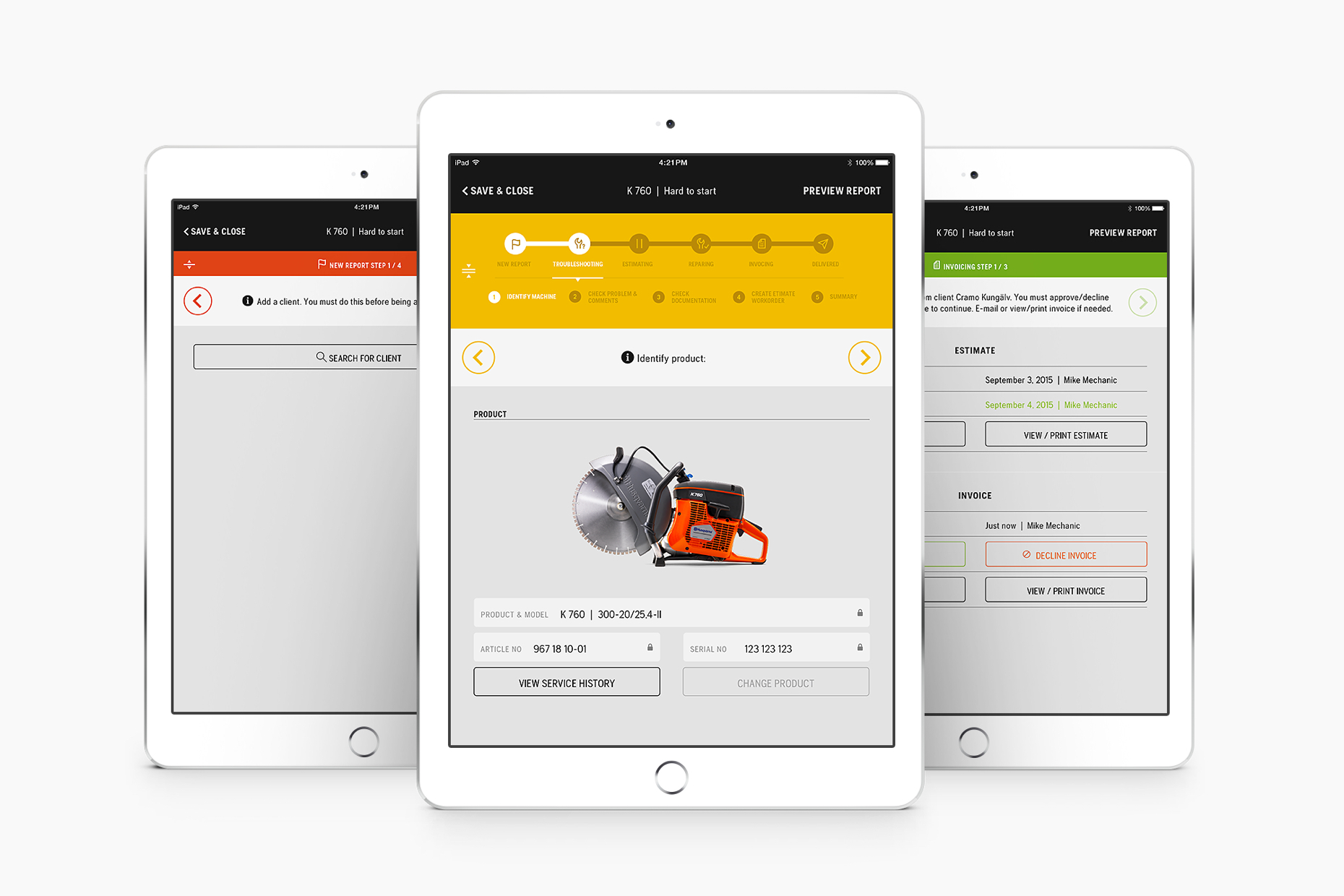 Three tablet screens displaying a service management app workflow, including client information, machine identification, and invoice details.