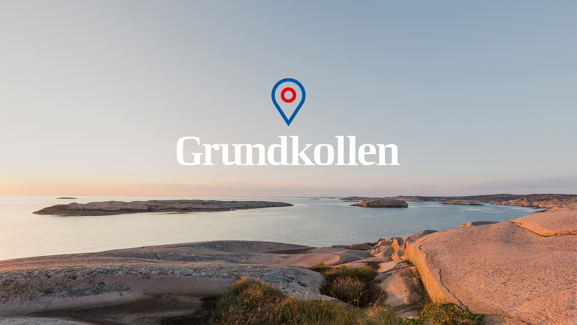 Grundkollen logo over a serene coastal landscape at sunset, rocky shores and calm water under a clear sky.