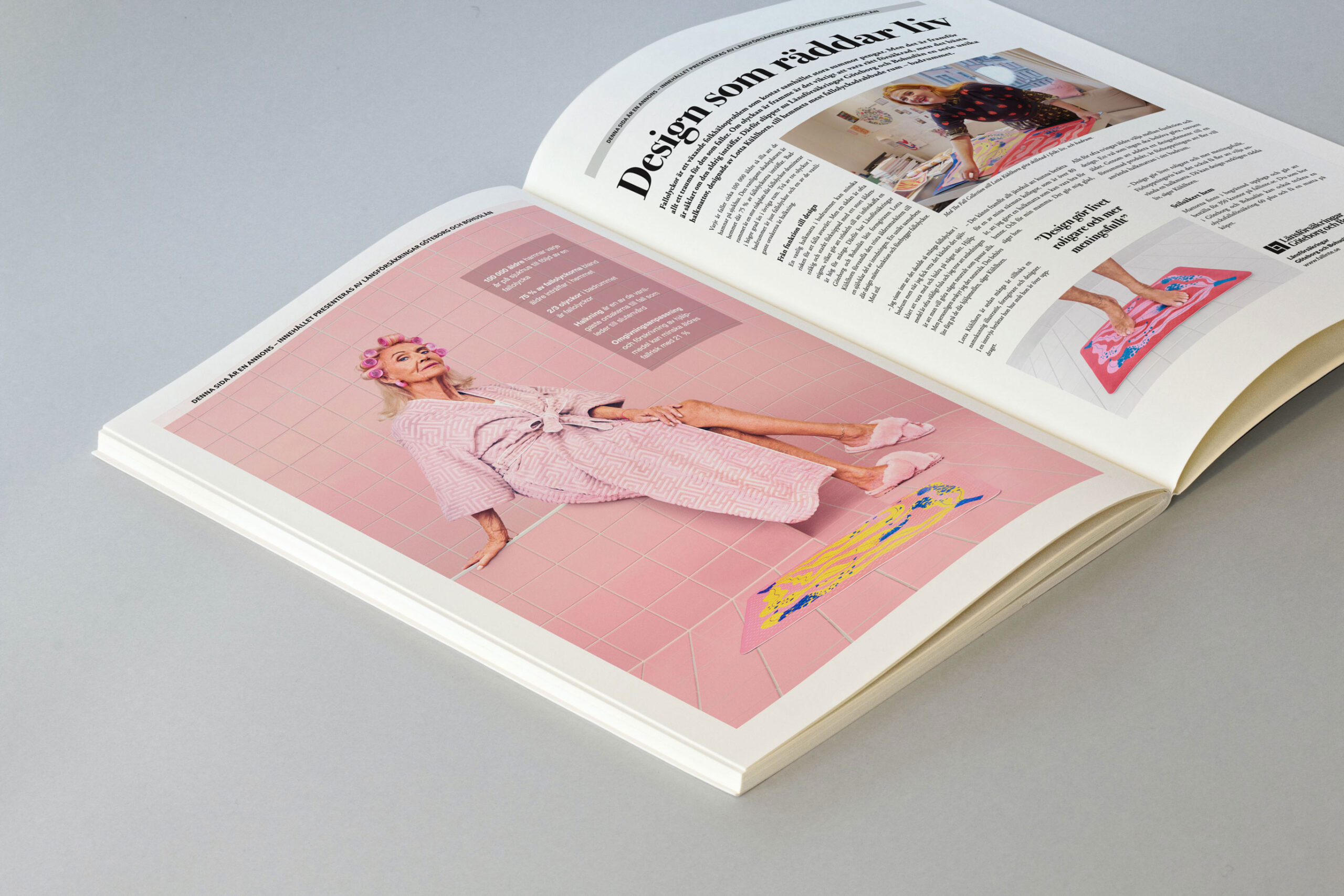 Open magazine showing a woman in pink robe and slippers on a pink tiled background; headline reads 'Design som räddar liv.'
