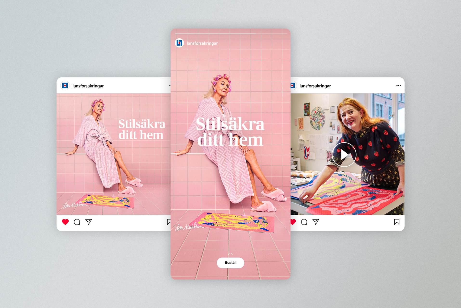 Collage with a woman in a pink robe on pink tiles, text 'Stilsäkra ditt hem,' and a person crafting in a colorful studio.