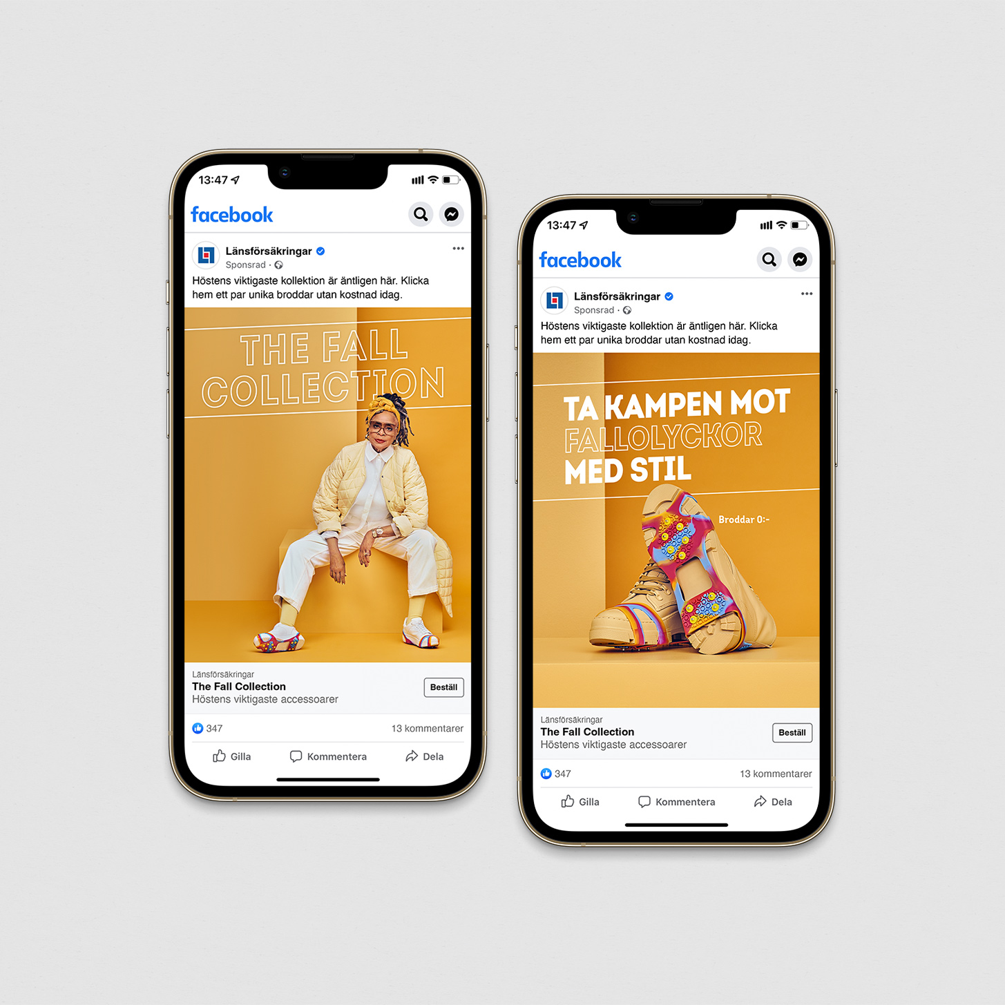 Two smartphones displaying Facebook ads for 'The Fall Collection,' highlighting accessories against an orange background.