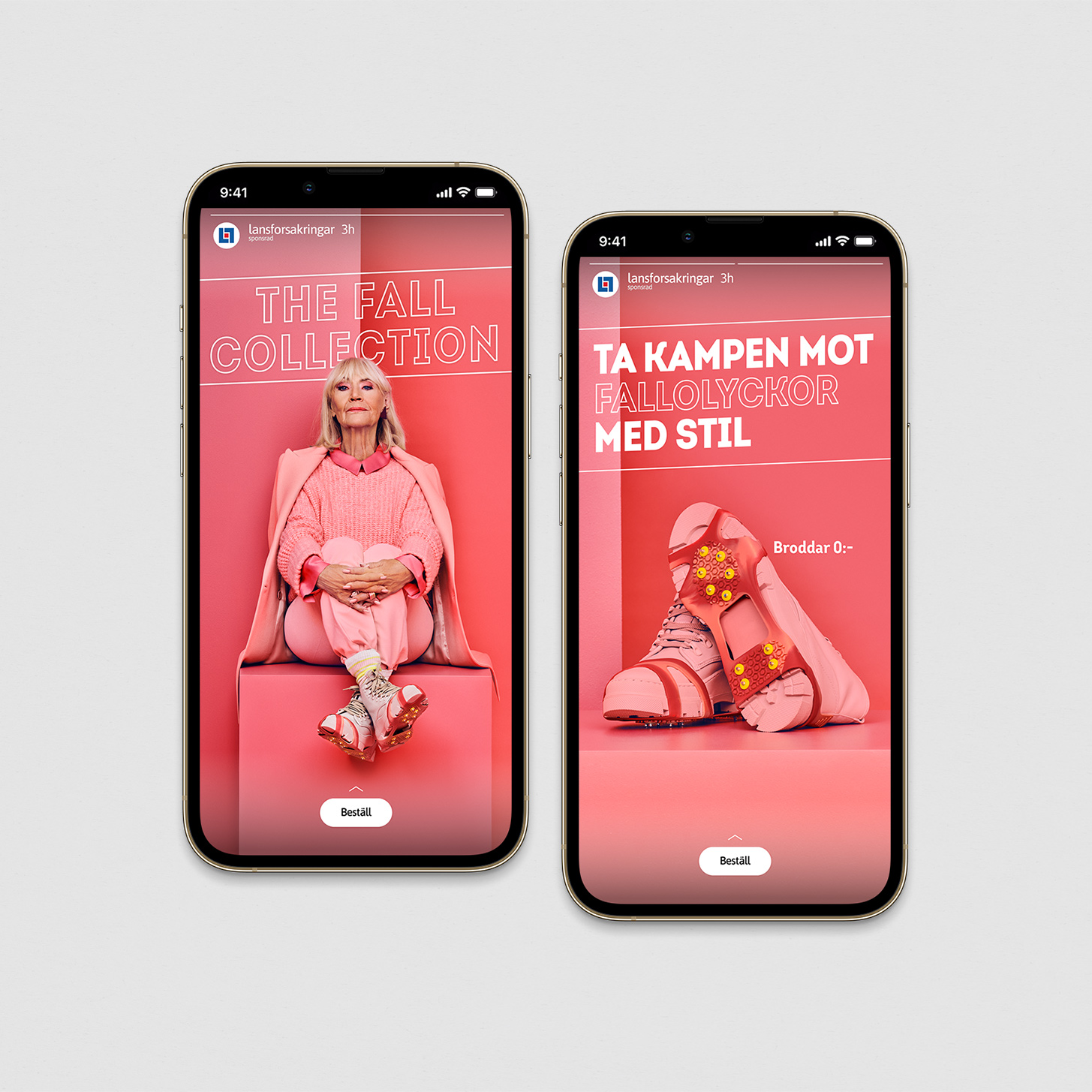 Two smartphones display edited promotional images with red backgrounds; left shows seated outfit and text 'The Fall Collection,' right highlights boots with traction devices and Swedish text.