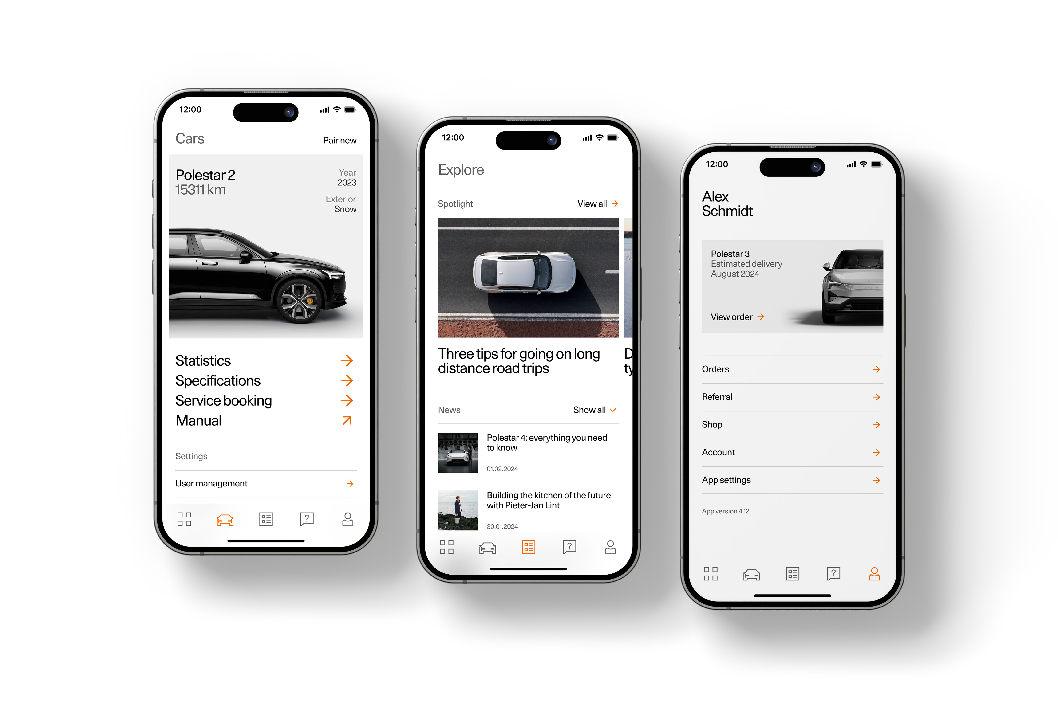 Three smartphones display the Polestar app: car details, travel tips, and user account overview screens.