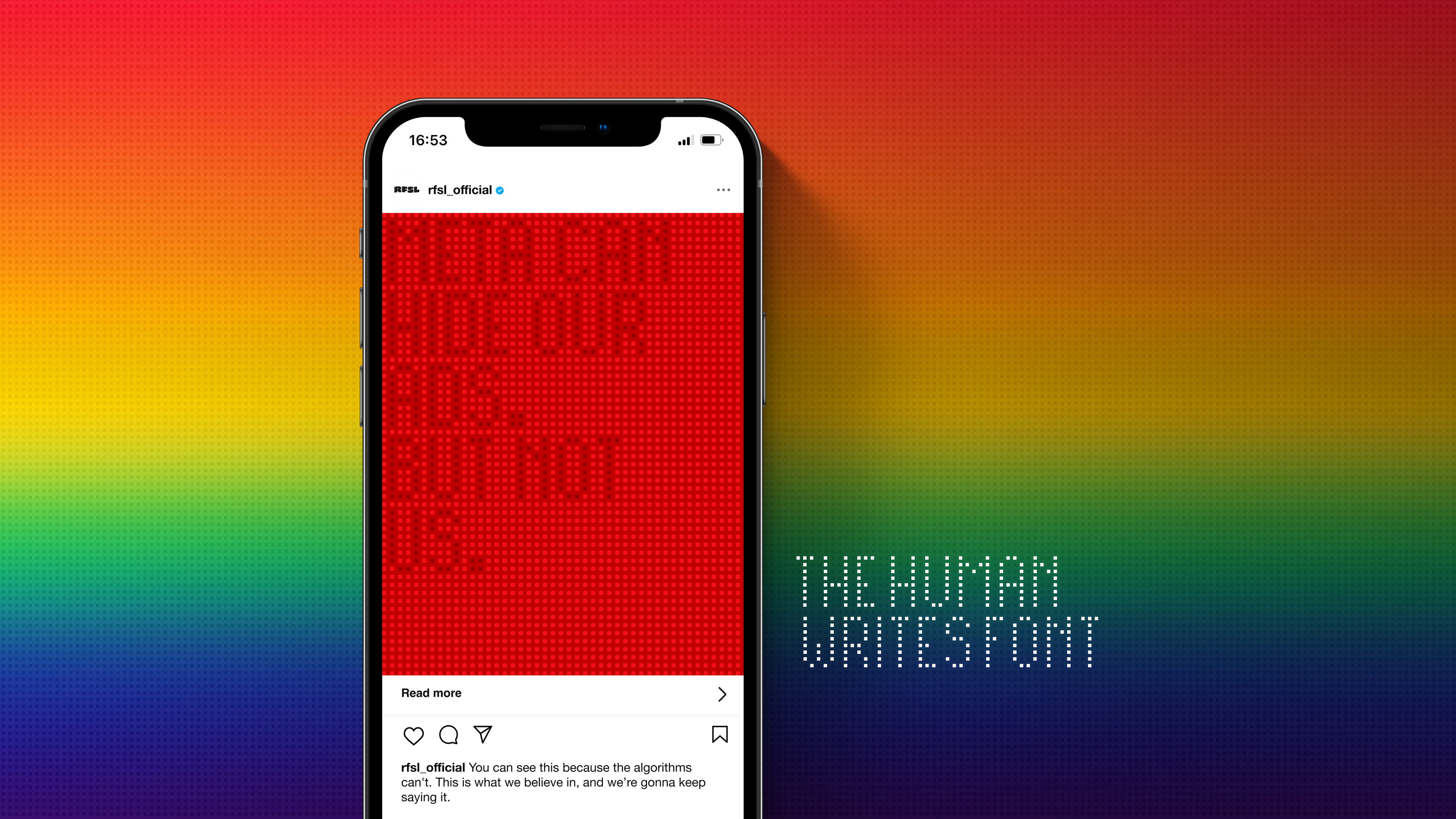 Phone showing social post on rainbow gradient background with 