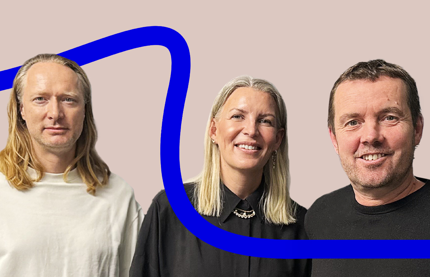 Three people looking at the camera against a pink background