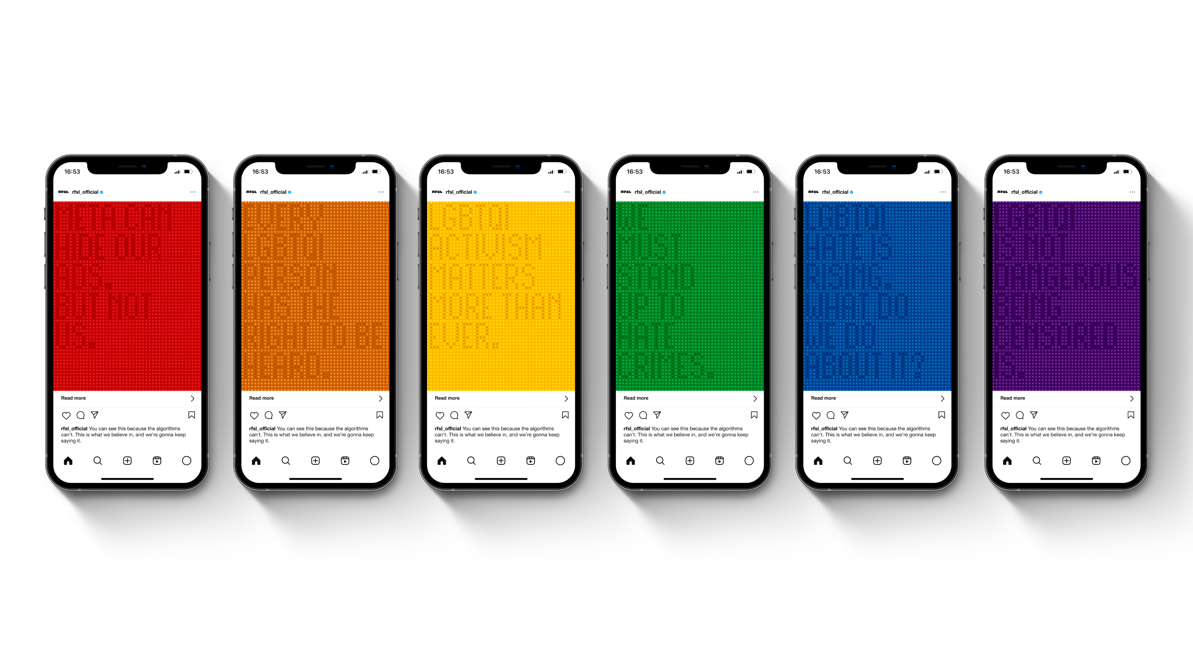 Six phones displaying social posts in rainbow colors: red, orange, yellow, green, blue, purple