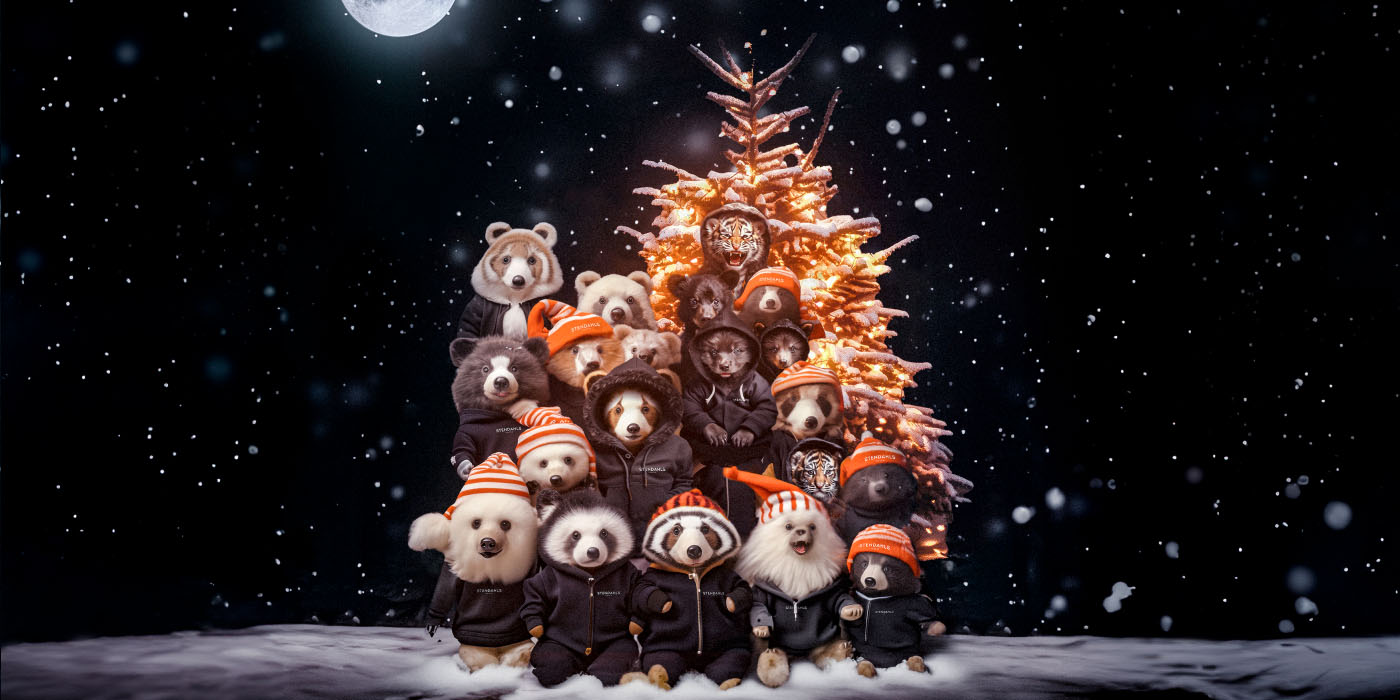 An AI generated image of a bunch of fluffy animals, all wearing black Stendahls hoodies, piled in front of a lit-up Christmas tree.