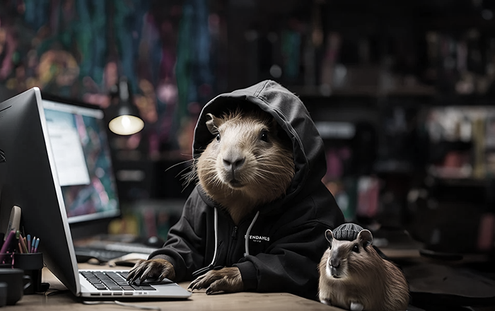 Guinea pig in hoodie working on laptop with smaller guinea pig beside