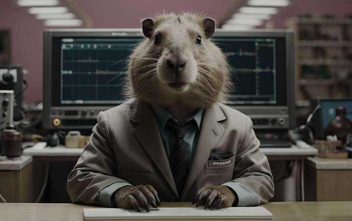 Guinea pig in business suit sitting at desk with computer screens behind