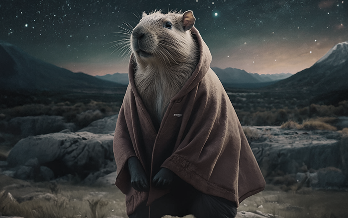 Capybara in brown robe gazing at starry night sky in mountainous landscape