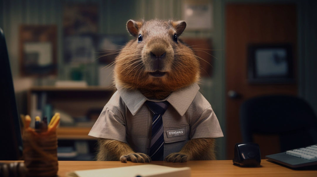 Capybara wearing a collared shirt and tie sits at a desk in an office setting, looking directly at the camera.