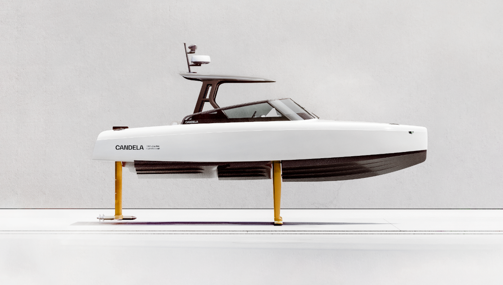 White Candela C-8 hydrofoil boat with sleek design, raised on yellow supports, against a plain background.