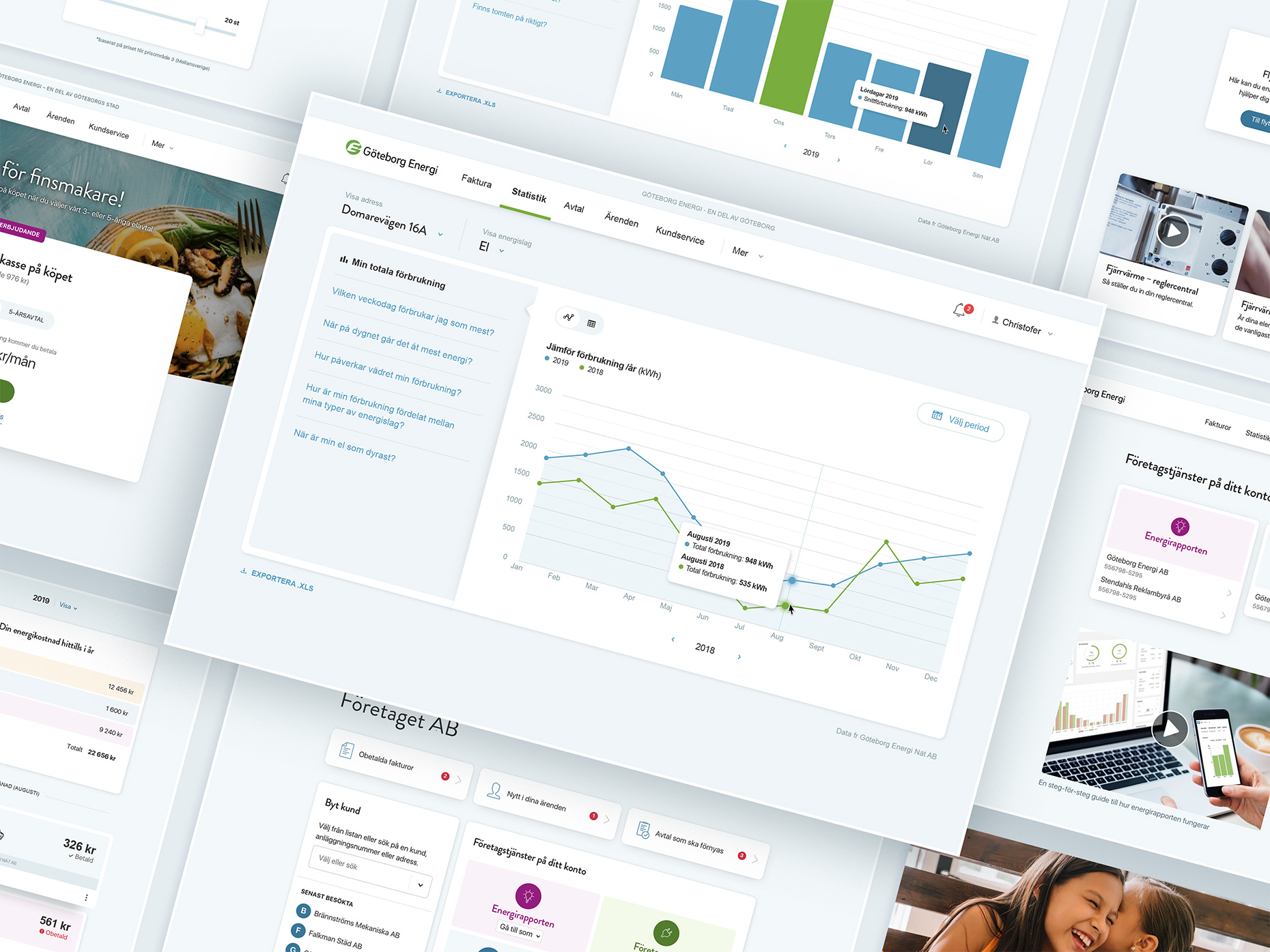 Collage of digital dashboards showing graphs, statistics, and utility management features, with various data representation on energy usage.