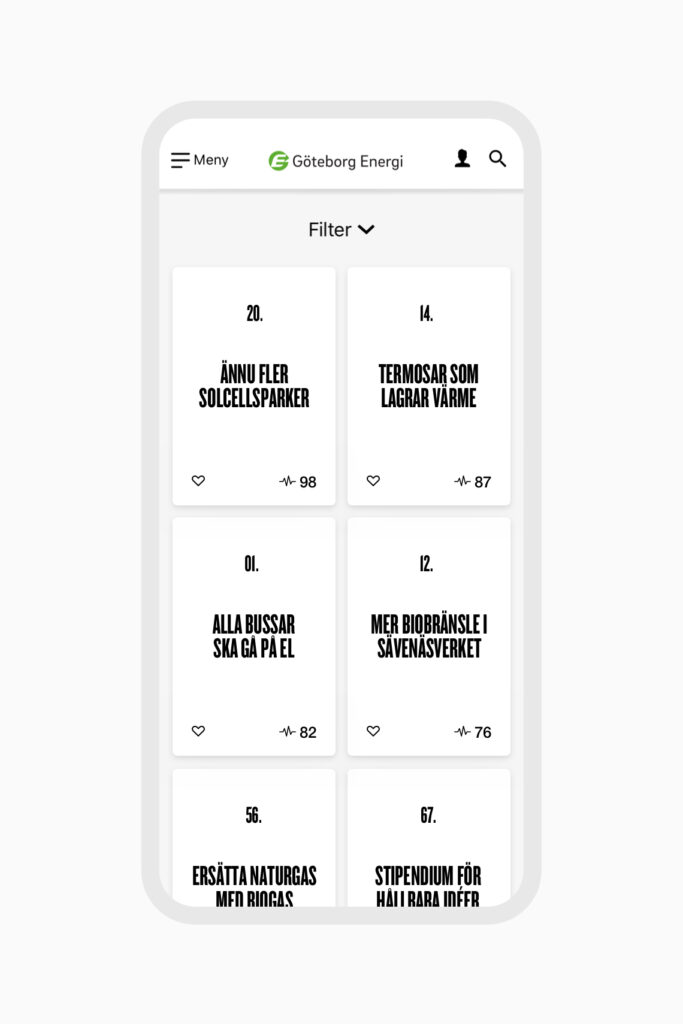 Mobile interface of Göteborg Energi displaying a list of energy initiatives with their popularity scores.
