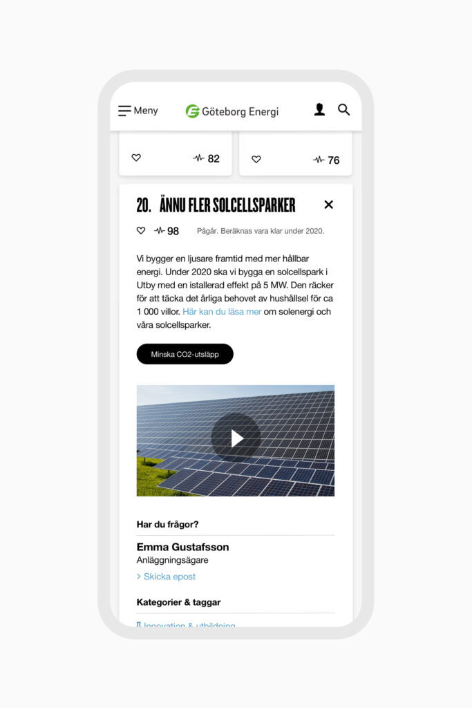 Mobile interface of Göteborg Energi displaying a list of energy initiatives with their popularity scores.