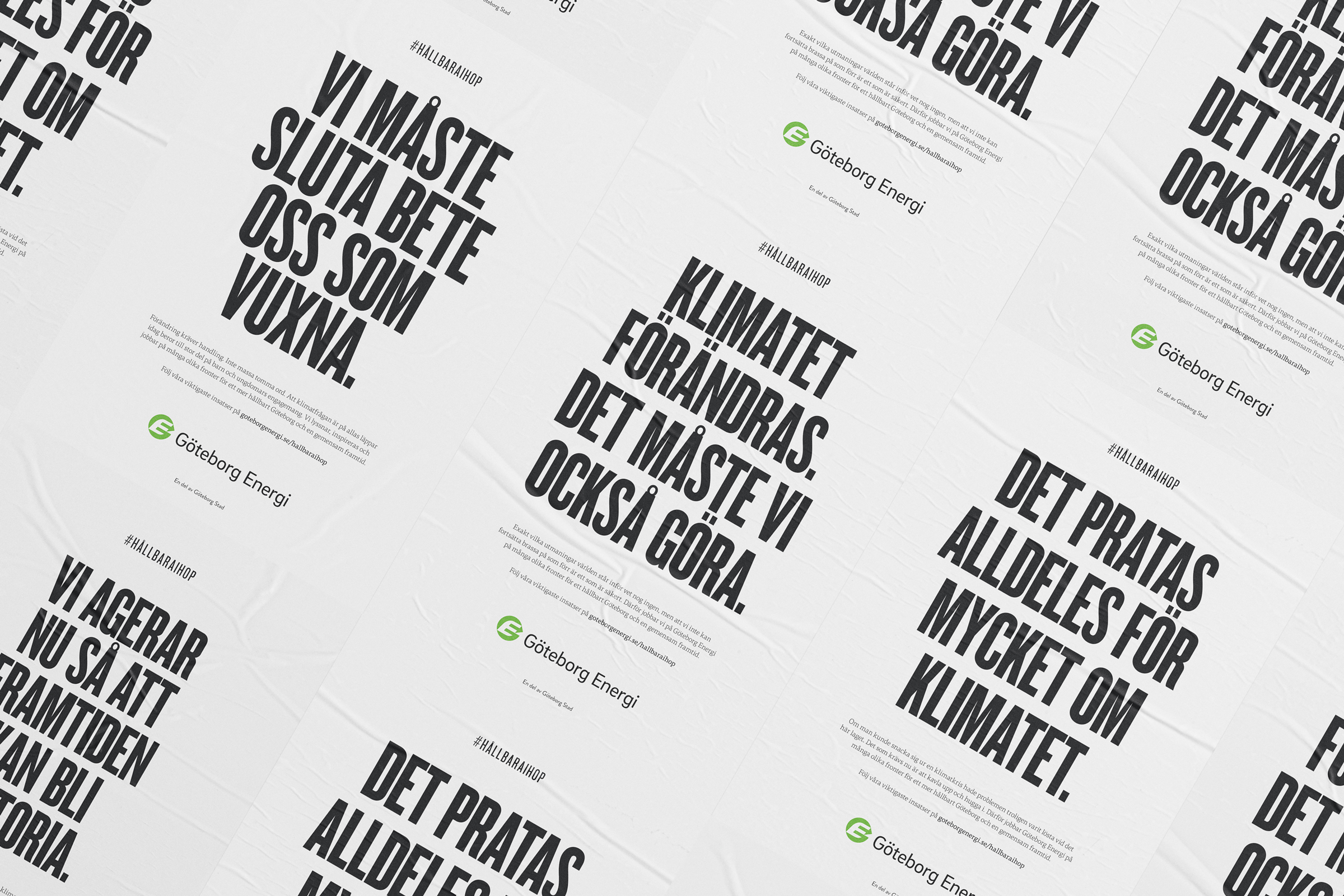 Posters in Swedish with bold text advocating climate action, featuring Göteborg Energi's logo and hashtag #Hållbarhop.