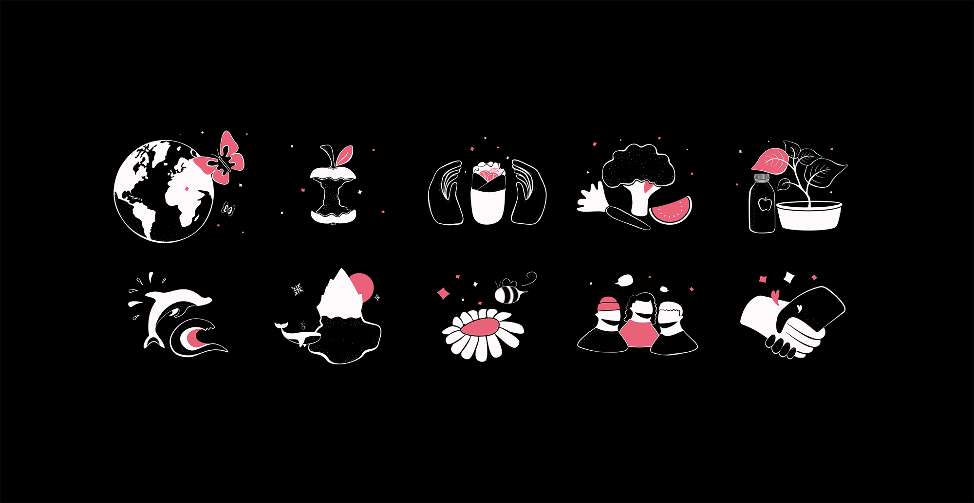 A black background with pink and white illustrations in a playful manner. A black background with pink and white illustrations in a playful manner.