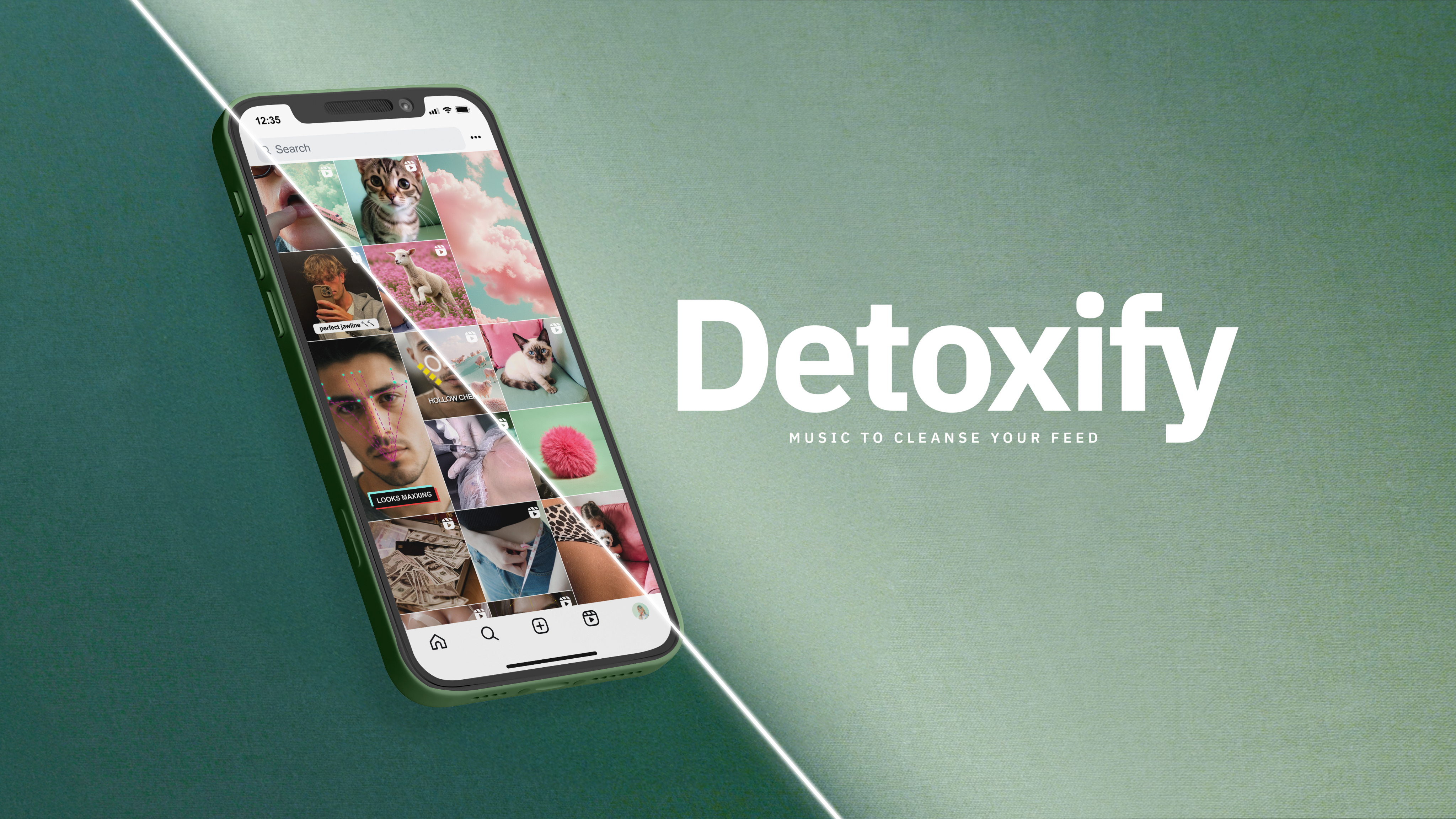 Phone with Instagram grid next to Detoxify text: music to cleanse your feed