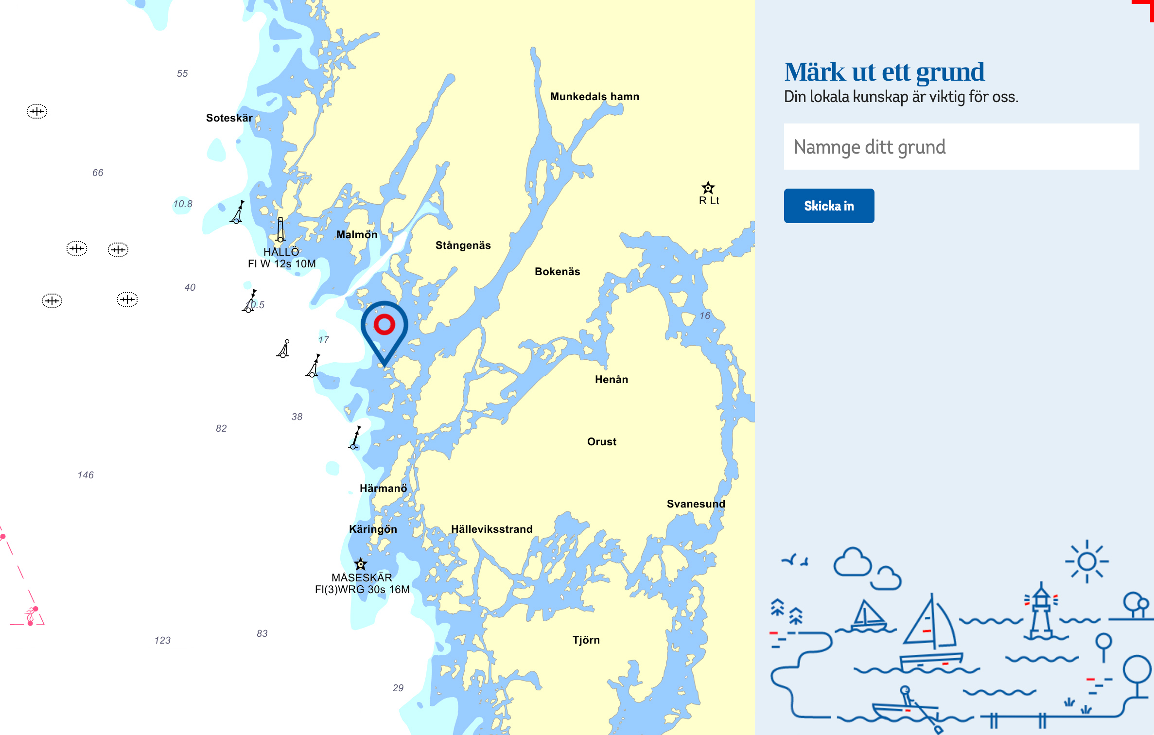 Map of Swedish coastal area with marked location near Käringön. Blue water, yellow land, and nearby areas labeled. Form for naming spots on the right.