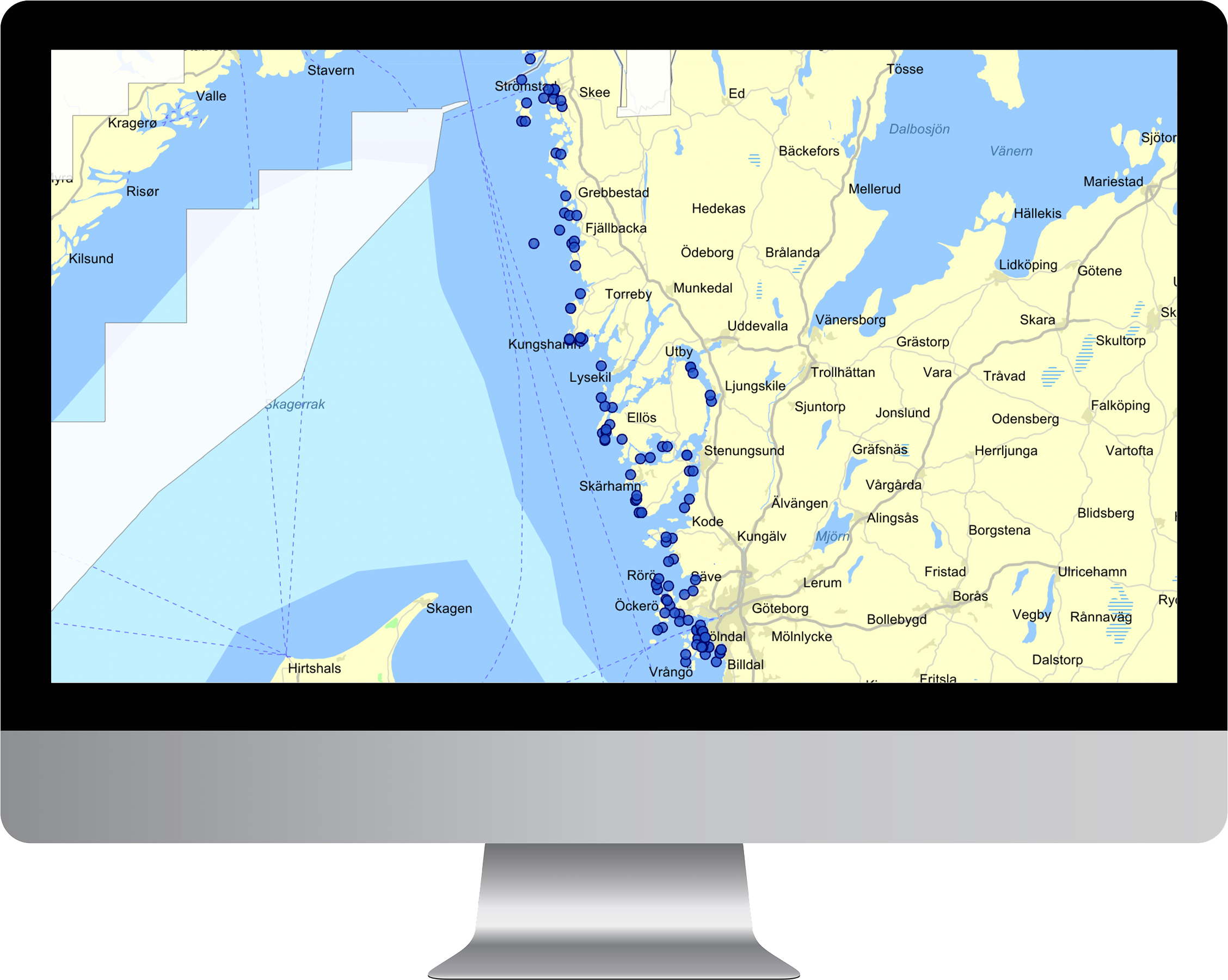 Map on a computer screen showing locations along the Swedish west coast, marked by blue dots from Strömstad to Göteborg.