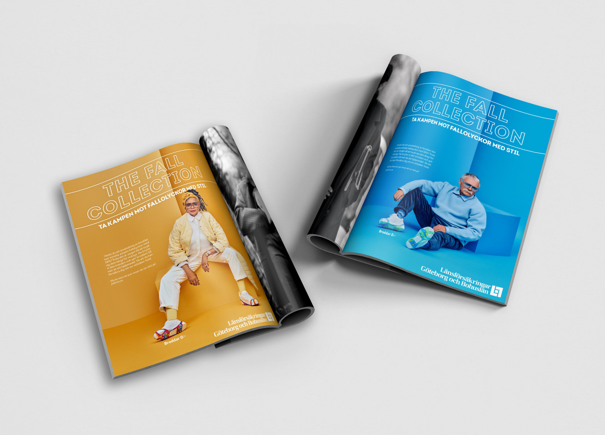 Two open magazines showcasing ads for 'The Fall Collection,' featuring models in seasonal attire against orange and blue backgrounds.