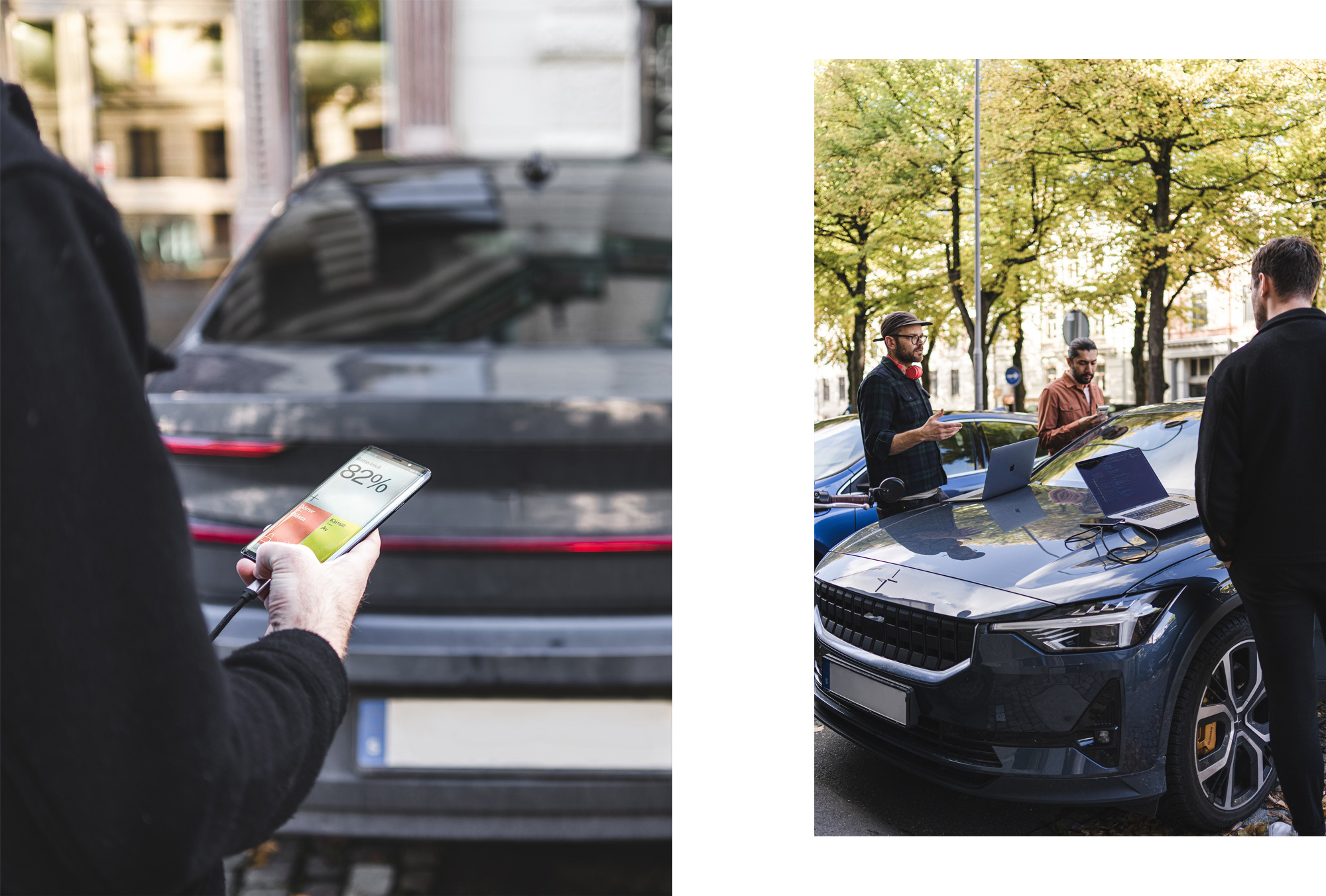 Person holding a smartphone showing an 82% charge next to a car, while others stand near a Polestar car with laptops outdoors.