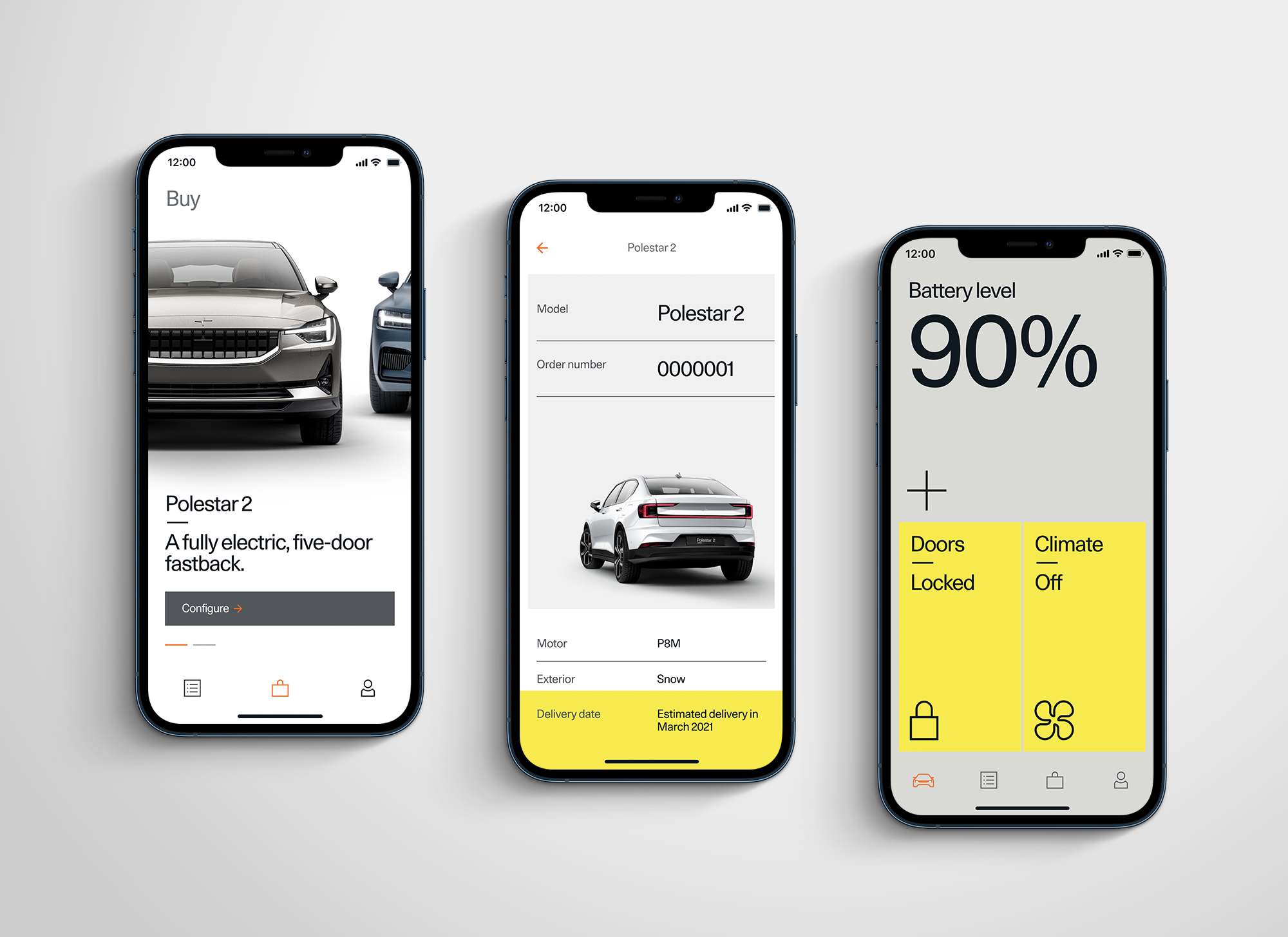 Three smartphone screens showing Polestar 2 app: first for buying, second with order details, third displaying battery level at 90%.