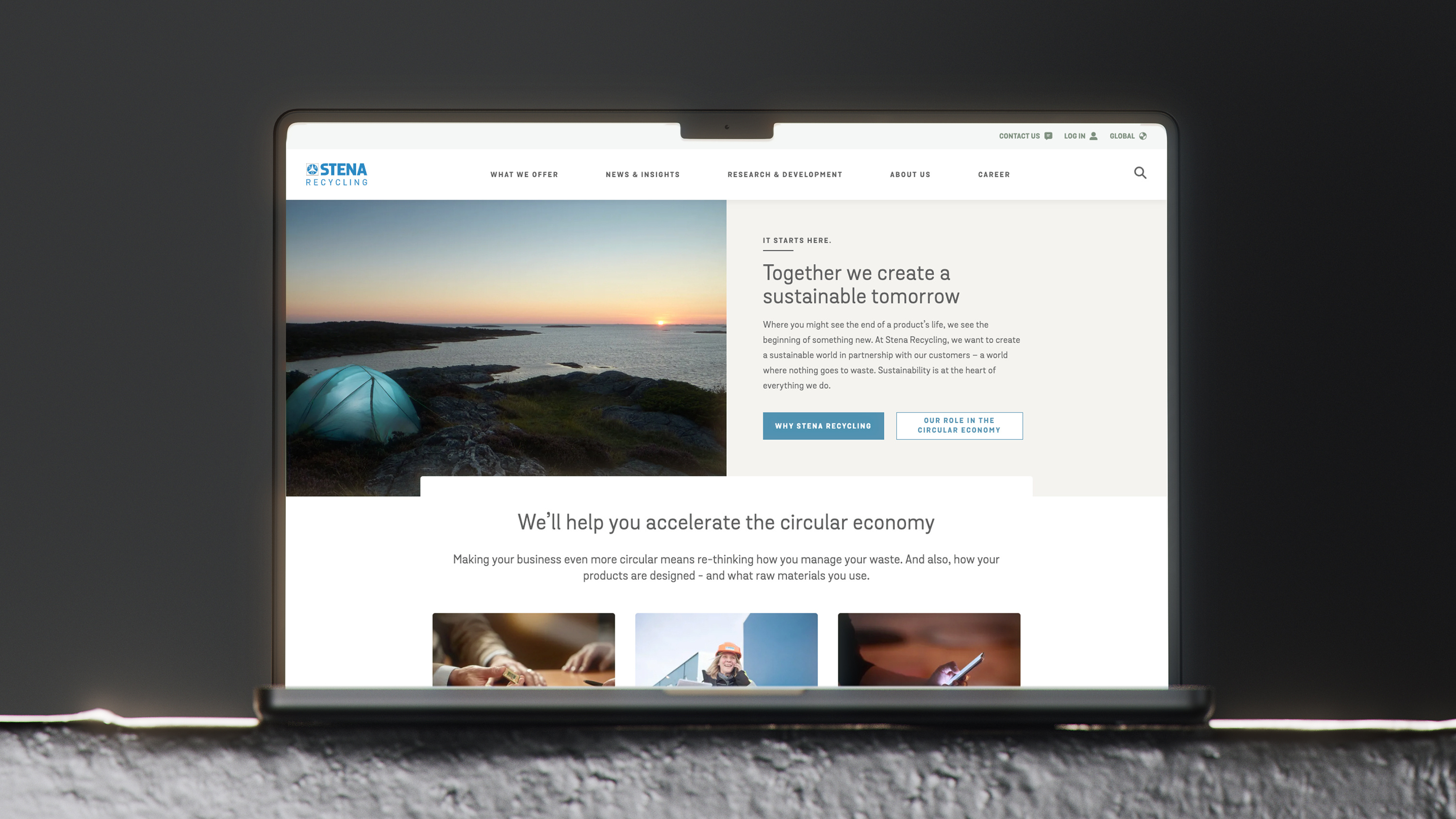 A laptop screen displaying the Stena Recycling website, promoting sustainability and circular economy initiatives.