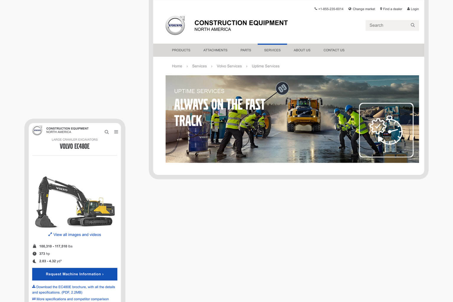 Volvo Construction Equipment webpage featuring a large crawler excavator EC480E and Uptime Services promotion.