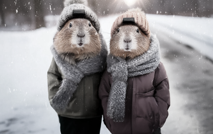 Two guinea pigs in winter coats and scarves standing in snowy scene