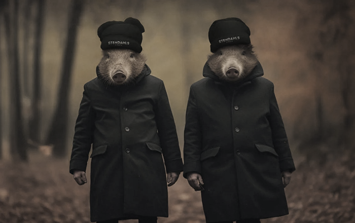 Two guinea pigs in black coats and Stendahls beanies walking together